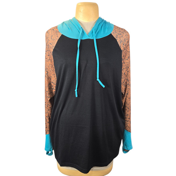 Crazy Train Tops - Crazy Train Women's 3XL Hoodie Black Teal Floral Paisley Raglan Western Boho